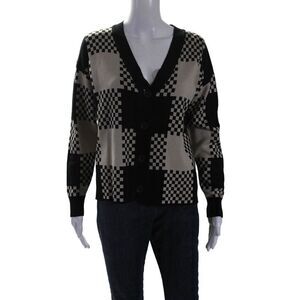MK Metric Knits Womens Black Bone Printed V-neck Cardigan Sweater Top Size M